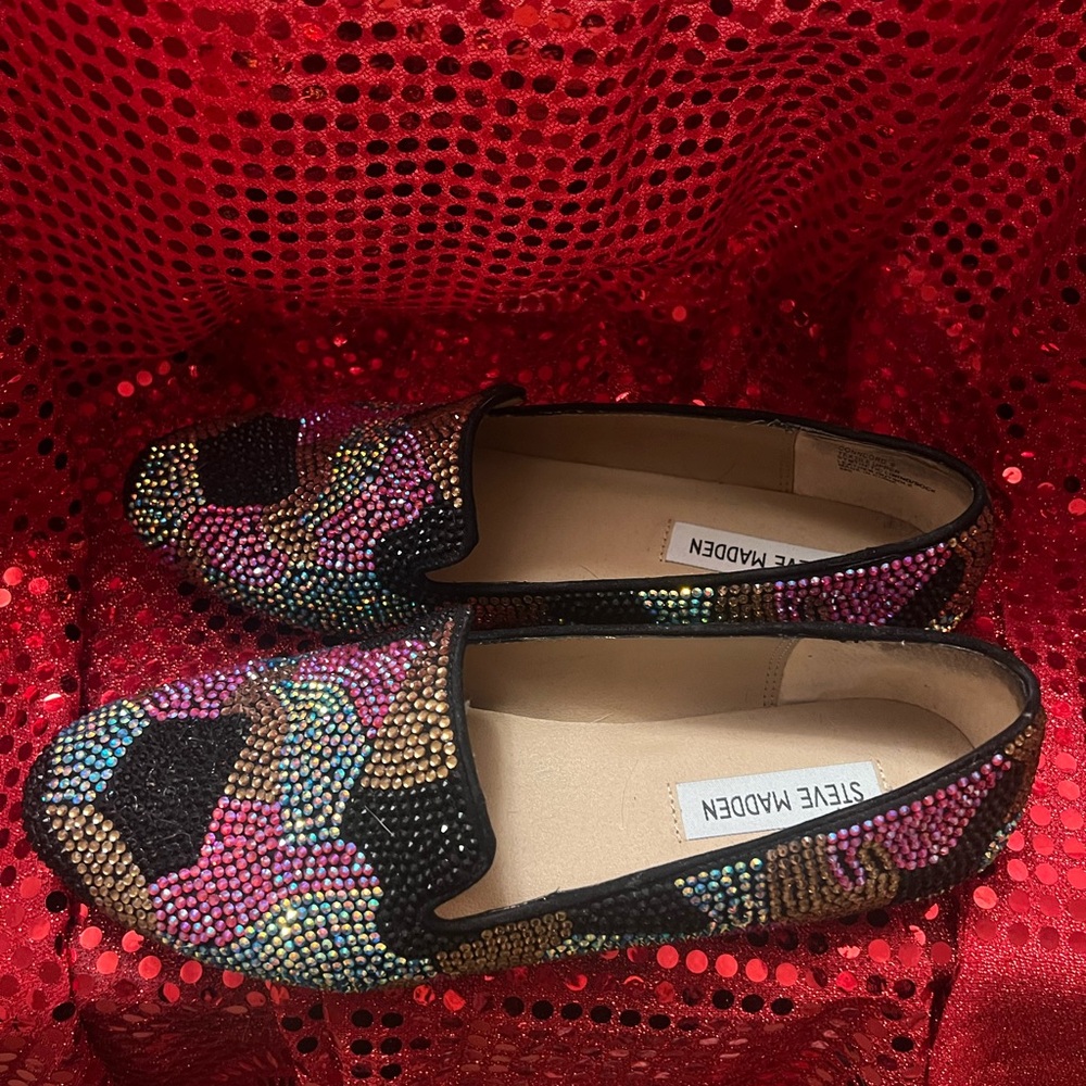 Steve Madden Black Multicolor Crystal-Embellished Loafers
